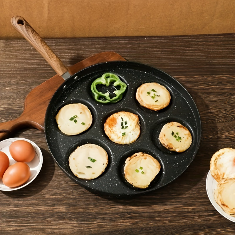 Paella Antiadherente de 7 Ranuras - Sartén Duradera para Desayuno con Hierro, Ideal para Panqueques, Salchichas y Alitas de Pollo - Utensilios Portátiles para Cocinar en Casa o Camping con Distribución Uniforme del Calor, Fácil Limpieza