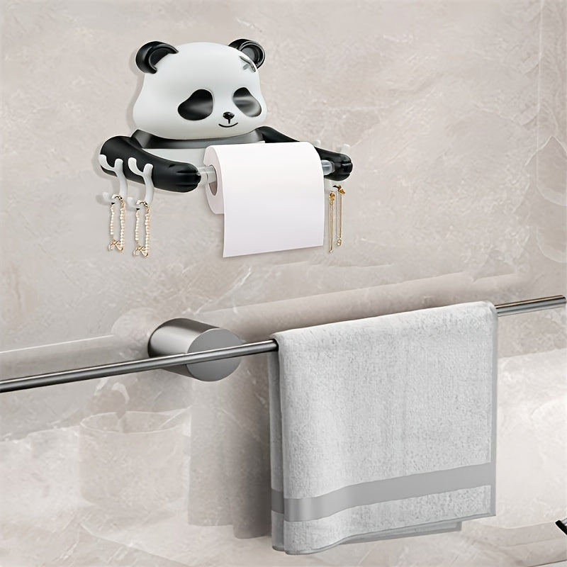 Soporte para Papel Higiénico de Panda Adhesivo de Fácil Instalación - Diseño de Dibujos Animados Lindo, Plástico Duradero, Montaje en Pared que Ahorra Espacio para el Baño