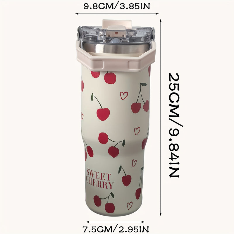 Térmico de acero inoxidable con forma de corazón y cereza, 33.44 oz, con popote y asa, reutilizable, ideal para viajes, gimnasio y actividades al aire libre, con dos bocas para beber, regalo perfecto para días festivos