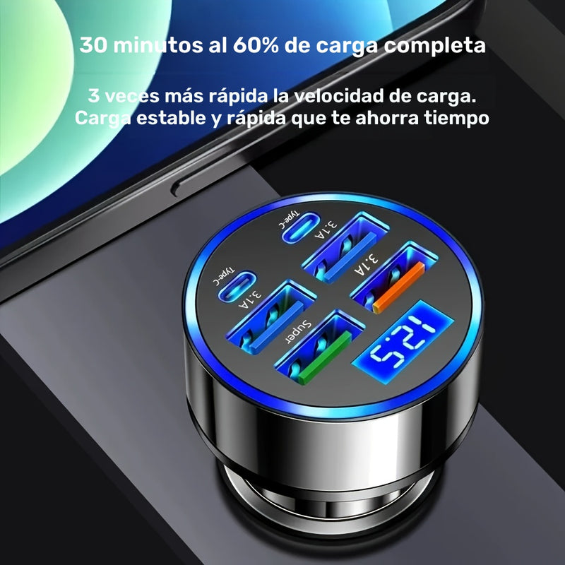 Car Cargador Rápido 2 PD con Pantalla Digital y 4 USB, Adaptador de Coche 6 en 1 para Teléfono - Accesorio de Auto