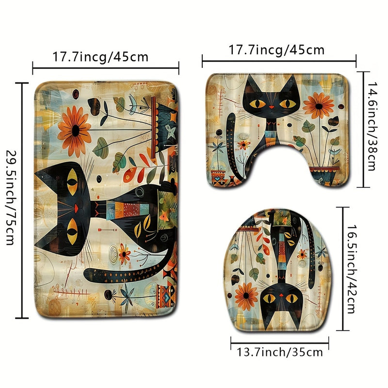 Conjunto de 1/3 piezas de Alfombrilla de Suelo de Gato Negro y Girasol, Cubierta de Inodoro, Alfombrilla Absorbente para Baño, Conjunto de Tres Piezas, Alfombrilla Antideslizante Decorativa