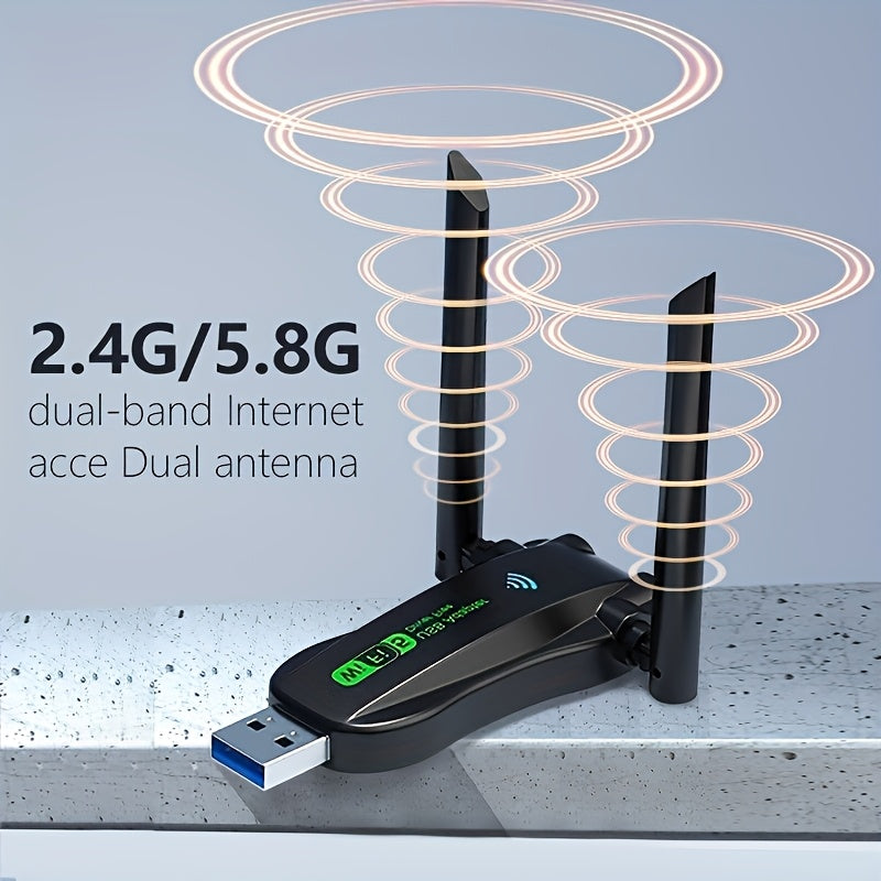 Adaptador Wifi de doble banda 2.4G/5.8G con 1300Mbps, interfaz USB, fuerte penetración de pared, cuatro antenas, internet de alta velocidad, baja latencia y acceso a internet en cualquier momento y lugar.