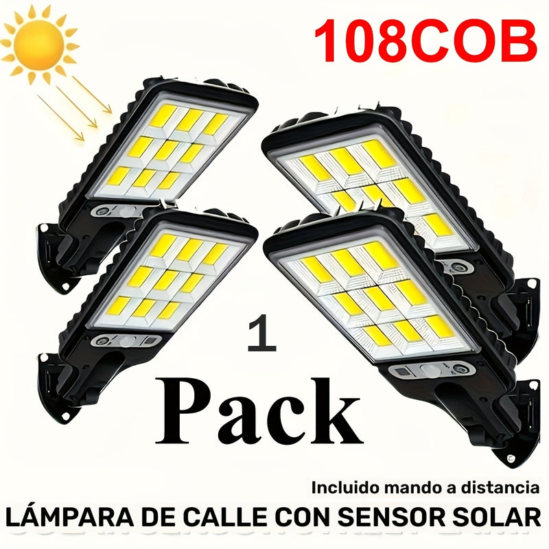 1 foco solar con control remoto, 90 LED COB, sensor de movimiento, montaje semiempotrado, material plástico, acabado pulido, plegable, accesorio desmontable, carga solar, batería de litio recargable, montaje en pared, incluye hardware de instalación
