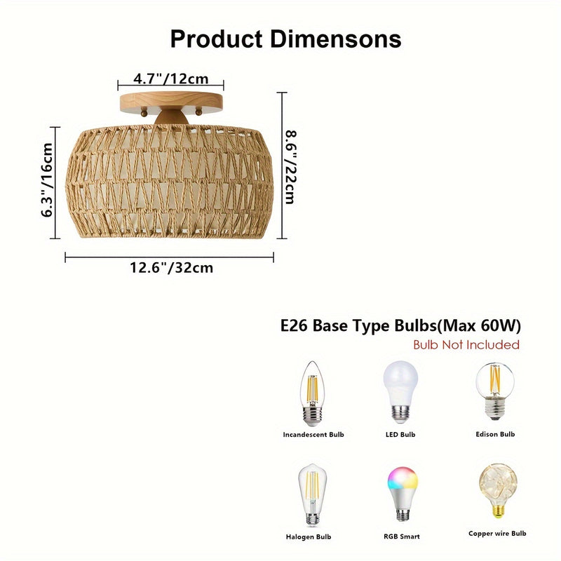 1pc Lámpara de techo semiempotrada de ratán bohemio para decoración de granja, lámpara de araña de cuerda de mimbre rústica tejida a mano para comedor, cocina, dormitorio, entrada y pasillo