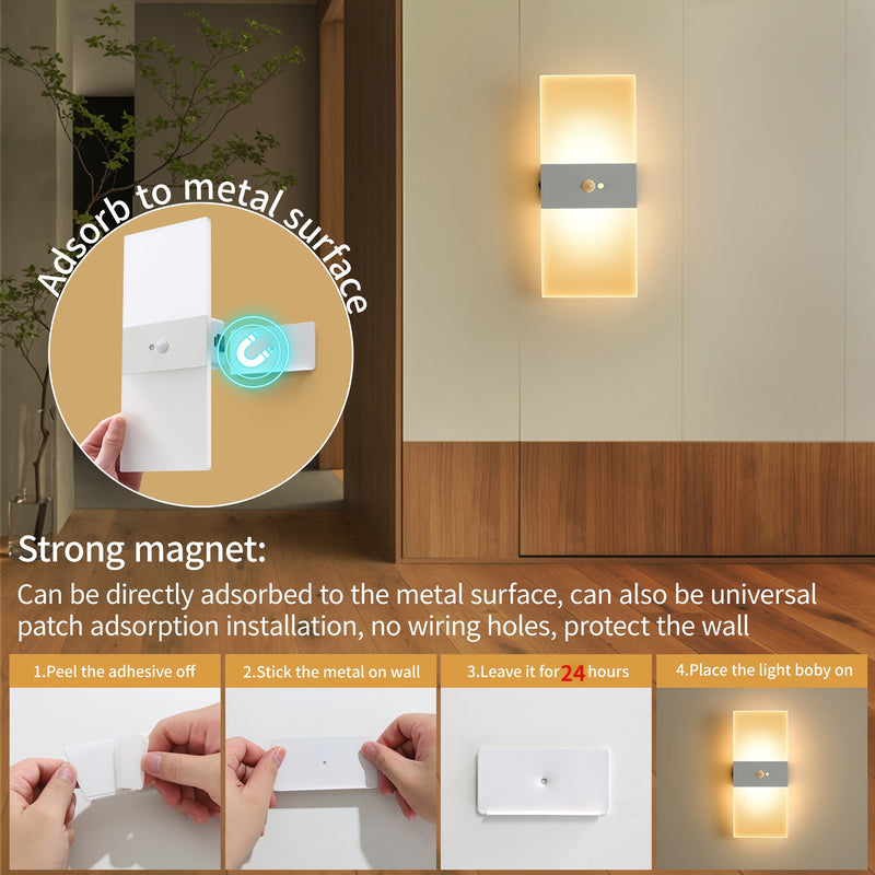 2 Luces de Pared Cálidas/Frías con Sensor de Movimiento, Instalación Magnética Sin Taladro, Carga USB para Dormitorio, Sala de Estar, Pasillo y Escaleras