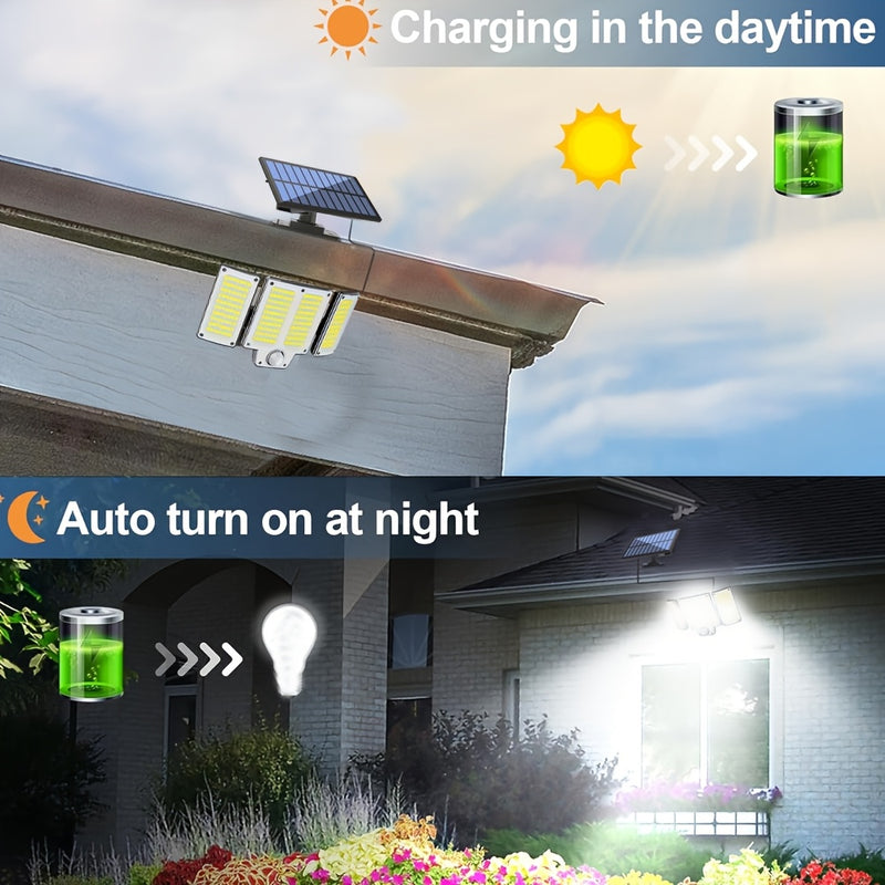 Luces Solares Exteriores de 280 LED con Sensor de Movimiento, Luces Solares IP44 con Control Remoto, 3 Modos, Reflectora Solar de 3 Cabezas para Patio, Garaje, Porche, Jardín