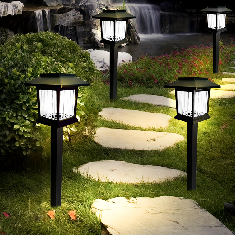 Conjunto de 4 Luces Solares para Caminos Exteriores, Diseño Cuadrado Retro con Brillo Amarillo Cálido, Lámparas Acrílicas Negras para Jardín, Patio, Paisaje y Iluminación Decorativa de Entrada, Luces Solares para Exterior