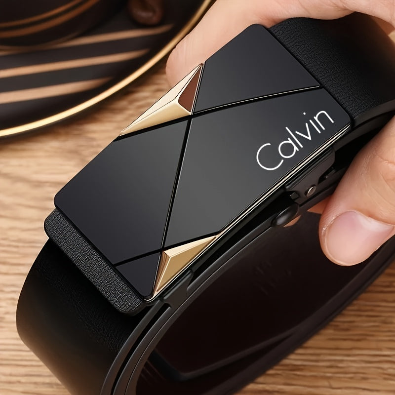 CALVIN Cinturón Automático para Hombre - Cuero PU Elegante con Hebilla de Aleación, Diseño Casual y Formal, Talla Estándar para Oficina y Atuendos Informales, Regalo Ideal para Fiestas, Accesorio Moderno y Resistente, Hebillas para Cinturones, Moda Mascu
