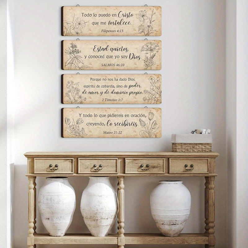 4 piezas de decoración de pared con versos bíblicos en español, signo de madera cristiano con versos bíblicos, decoración de pared religiosa, arte de pared con versos bíblicos para hogar, oficina, granja, cocina.
