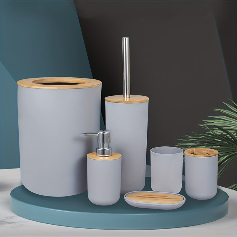 1 Juegos De 6 Piezas, Accesorios De Baño De Plástico, Con Cepillo De Inodoro, Dispensador De Jabón, Papelera, Portacepillos De Dientes, Vaso Para Cepillos De Dientes, Jabonera, Kit De Baño Práctico Para El Hogar Baño