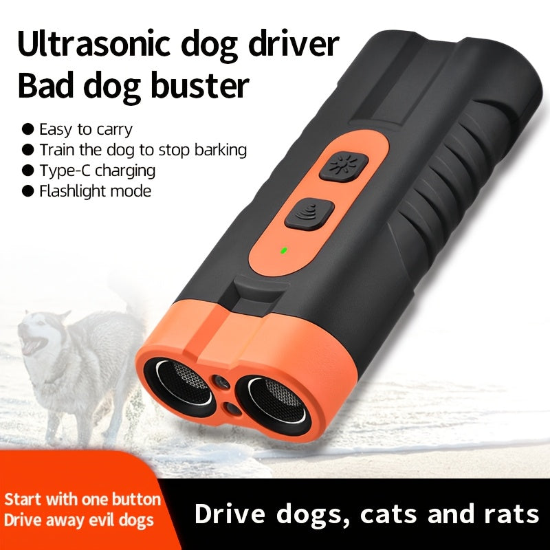 1 unidad de repelente ultrasónico para perros PetSafePro recargable por USB, inhibidor de ladridos de doble núcleo de alta potencia con linterna LED, dispositivo portátil anti-mordeduras para uso exterior