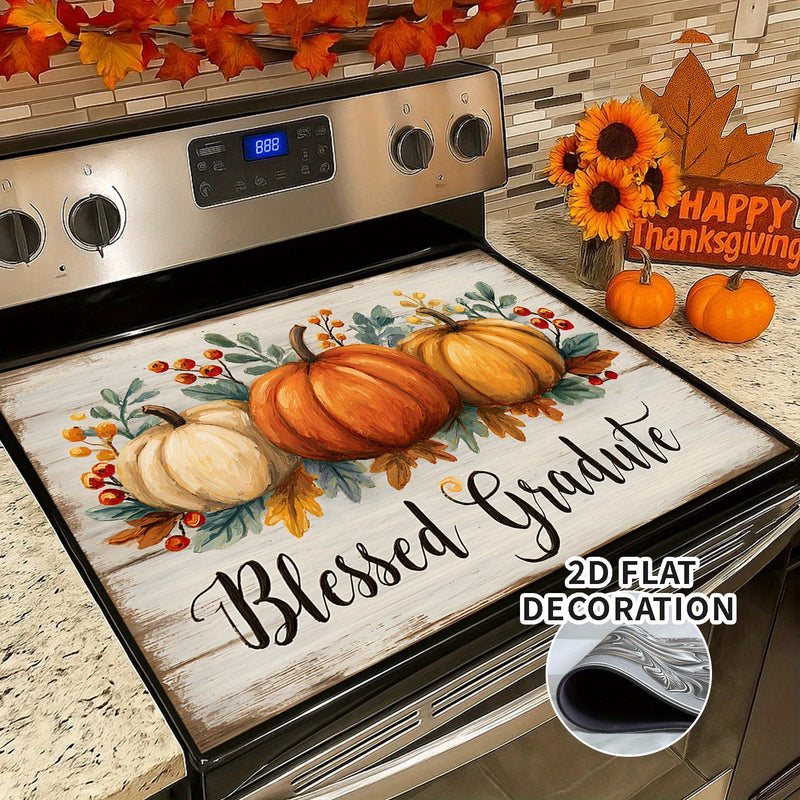 1pc Cubierta Decorativa para Estufa de Acción de Gracias - con Calabaza, Texto "Graduado Bendecido" - Protector Antirrayas con Forro de Goma para Estufas a Gas/Eléctricas - Ajuste para Estufas Eléctricas Estándar - Decoración para Acción de Gracias, Otoñ
