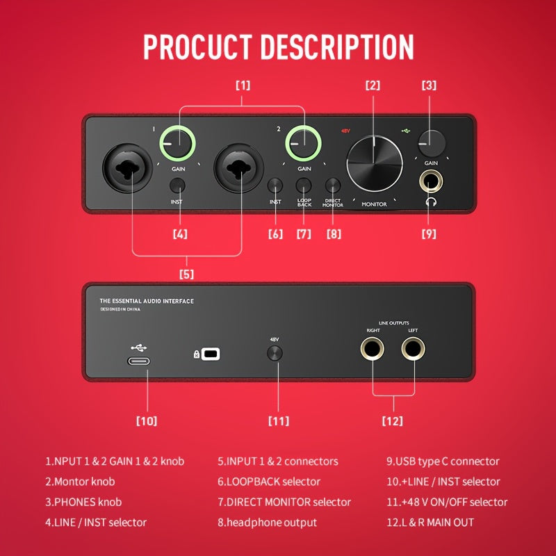 Interfaz de Audio AMACEX X2 para Grabación en PC, Podcasting y Streaming - Plug & Play, Silenciosa, Alimentada por USB con Conector de Monitor de 6.5mm, Controles de Volumen, Ideal para Músicos y Creadores de Contenido, Roja