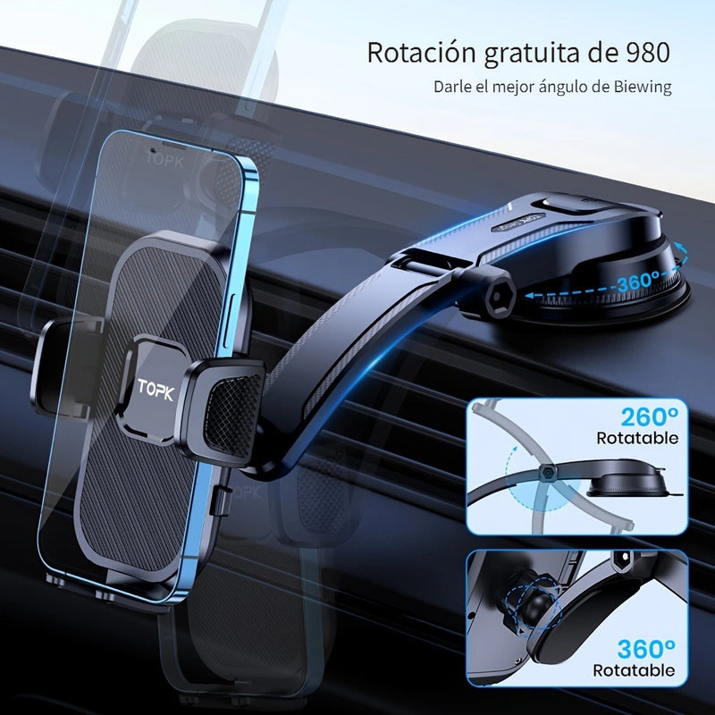 Soporte de teléfono para coche D38-C de TOPK, ajustable y mejorado para el salpicadero del coche, compatible con todos los teléfonos en posiciones horizontales y verticales.