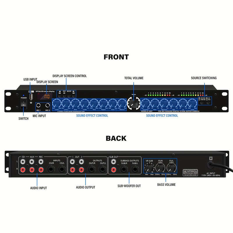 Procesador de audio digital profesional con mezclador, multiefectos, DSP y ecualizador.