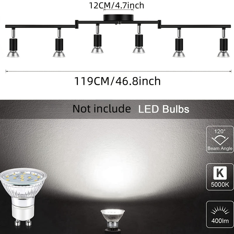 Kit de iluminación de pista LED de 6 luces, reflector de techo negro de 6 vías, soporte de lámpara giratorio flexible, luz de pista no incluye bombillas, las bombillas deben ser compradas por el usuario