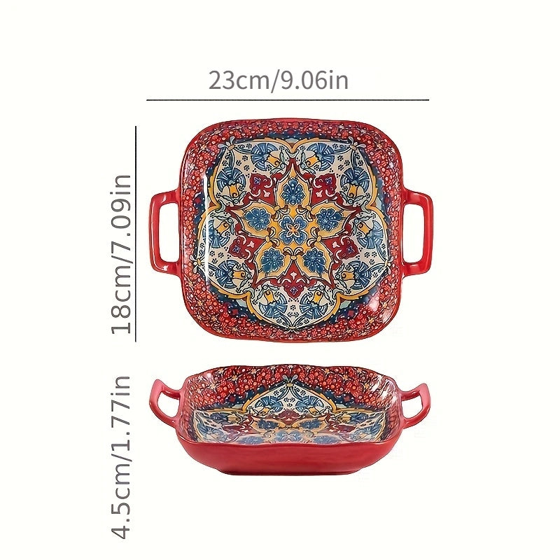 1 Juego de 4 Piezas de Platos Cuadrados Bohemios con Doble Asa. Platos Creativos de Cerámica, Versátiles para Frutas/Pastas. Diseño de 9 Pulgadas Seguro para Horno/Microondas. Asas Antideslizantes para Transporte Fácil, Elevando tu Ritual de Comida.