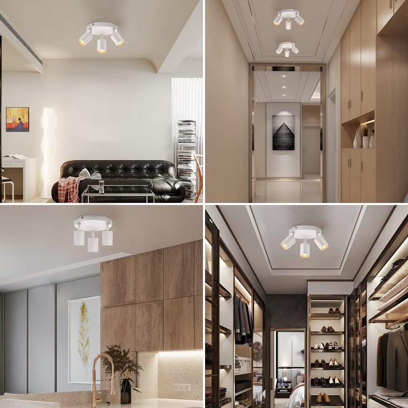 3 luces redondas de techo LED, blanco giratorio GU10 - Moderno hierro y acabado pulido, montaje semi-inclinado, cableado, múltiples componentes, control de interruptor para cocina, dormitorio, sala de estar - Luces no incluidas, iluminación para el hogar
