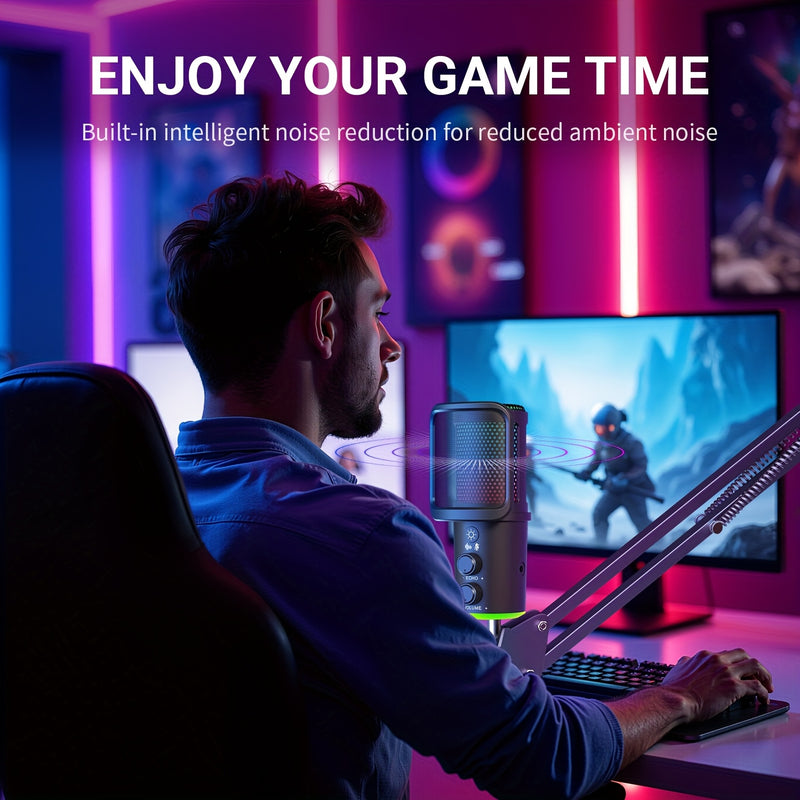 Micrófono de juego RGB RIKSOIN con soporte de boom sólido y flexible, micrófono condensador alimentado por USB para podcasting, transmisión en vivo, juegos - Incluye filtro de pop y botón de silencio, negro, equipo de transmisión en vivo, equipo de audio