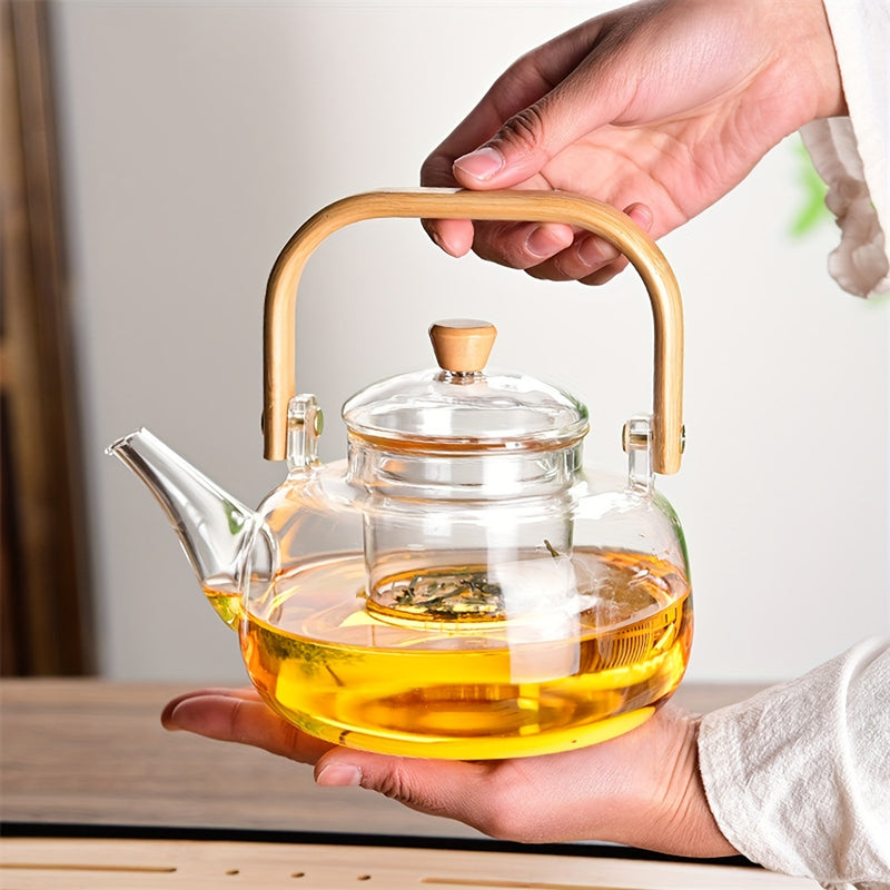 1pc Tetera de Vidrio Borosilicato Transparente de 1000ml con Infusor Extraíble - Apta para Cocina, Ideal para Té de Hojas y Té en Flor, Perfecta para Uso Doméstico o de Cocina, Diseño Transparente con Mango de Madera, Ideal para Regalos de Vacaciones, In