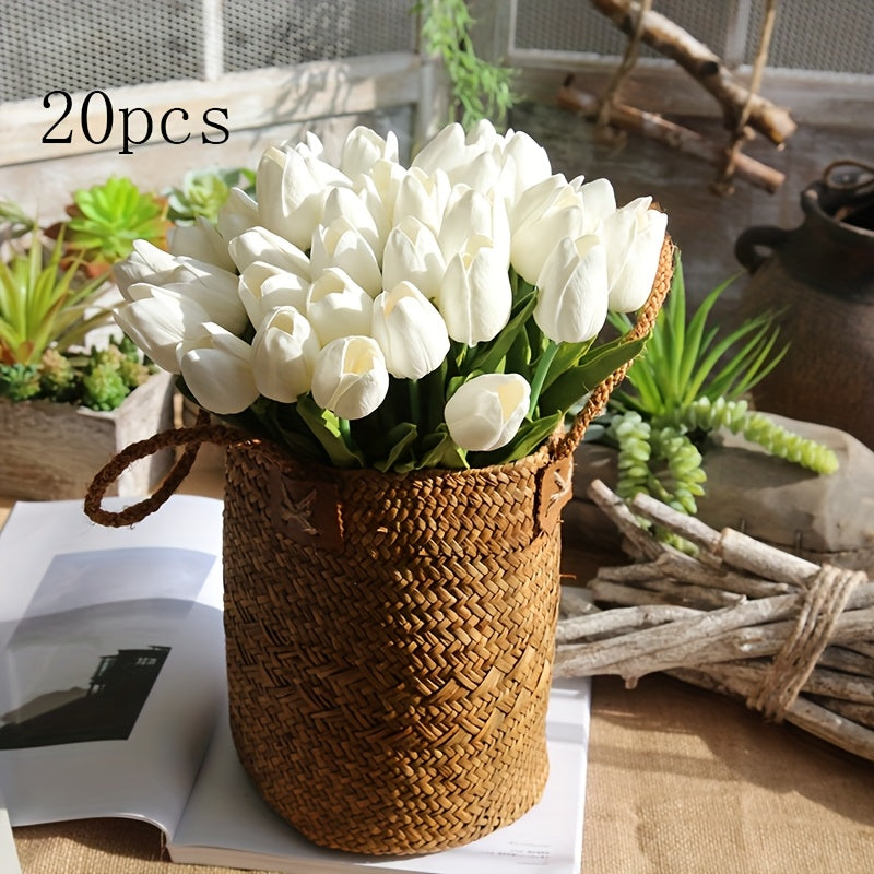 20 piezas de Tulipanes Artificiales Blancos Elegantes, con Hojas Verdes Luxuriantes, para Bodas, Compromisos, Decoración del Hogar