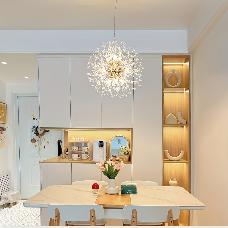 1 lámpara de cristal dorado de lujo, diseño moderno de diente de león, cable ajustable para suspensión, estructura metálica, ideal para sala, comedor, dormitorio o cocina, incluye 8 cabezales G9 (bombillas no incluidas, compradas por separado)