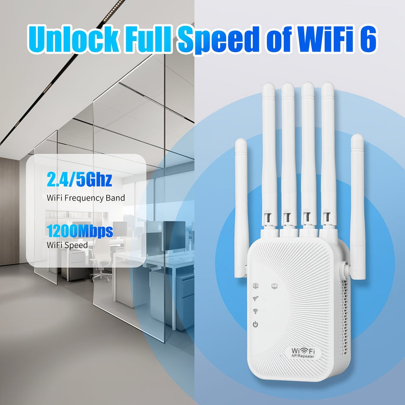 Repetidor de señal de Wi-Fi, mejorador de red doméstica, compatible con el sistema WIFI6 - Doble banda de alta velocidad, compatible con 2,4 GHz y 5 GHz, enchufa y juega, sistema de 6 antenas, cobertura estable para toda la familia, expansión de WiFi fác