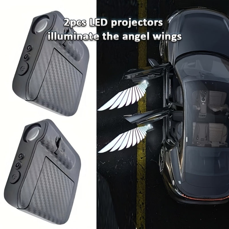 Pack de 2 Luces Proyectores para Puertas de Coche - Alas de Ángel con Diseño en Fibra de Carbono , LED Ultra-Brillante de 500LM a Batería (Baterías No Incluidas) para Autos, Entradas y Eventos, Iluminación Inmersiva, Proyector de Luz para Puerta de Coche