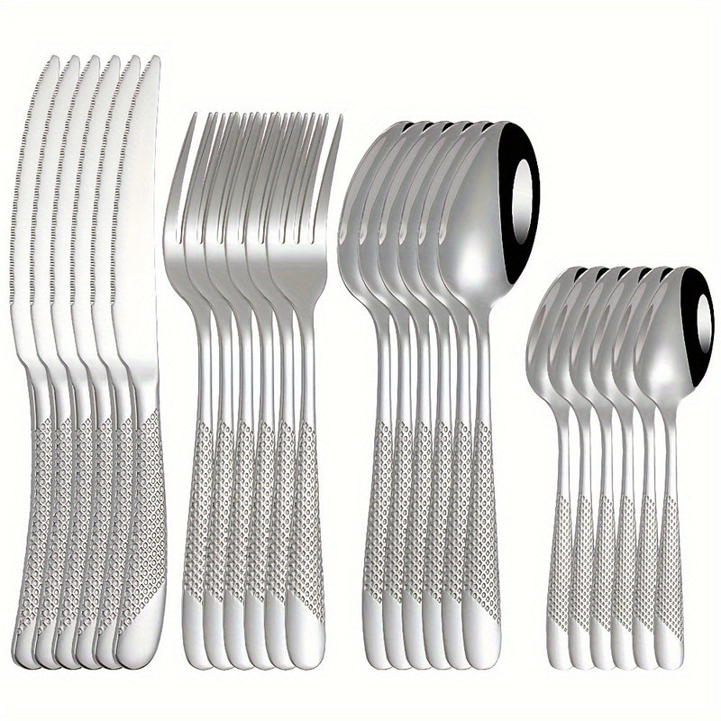 Juego de cubiertos de acero inoxidable con diseño de estrella, 24 piezas, incluye cuchillo para carne, tenedor, cuchara y cuchara de postre, ideal para hogar, cocina, hotel, restaurante, fiestas, bodas y eventos, apto para lavavajillas, disponible en var