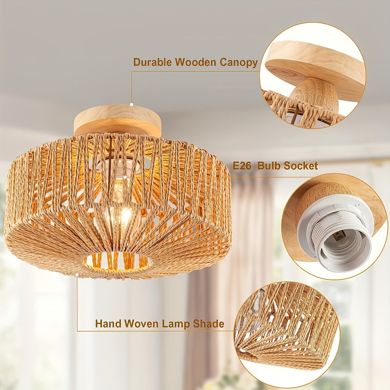 1 pieza - Lámpara de Techo Semienterrada de Ratán, Iluminación para Áreas Comerciales en Salón de Comedor, Café, Decoración de Bar, Lámpara de Techo Estilo Boho con Pantalla de Mimbre Tejido a Mano, Colgante Estilo Granja Boho