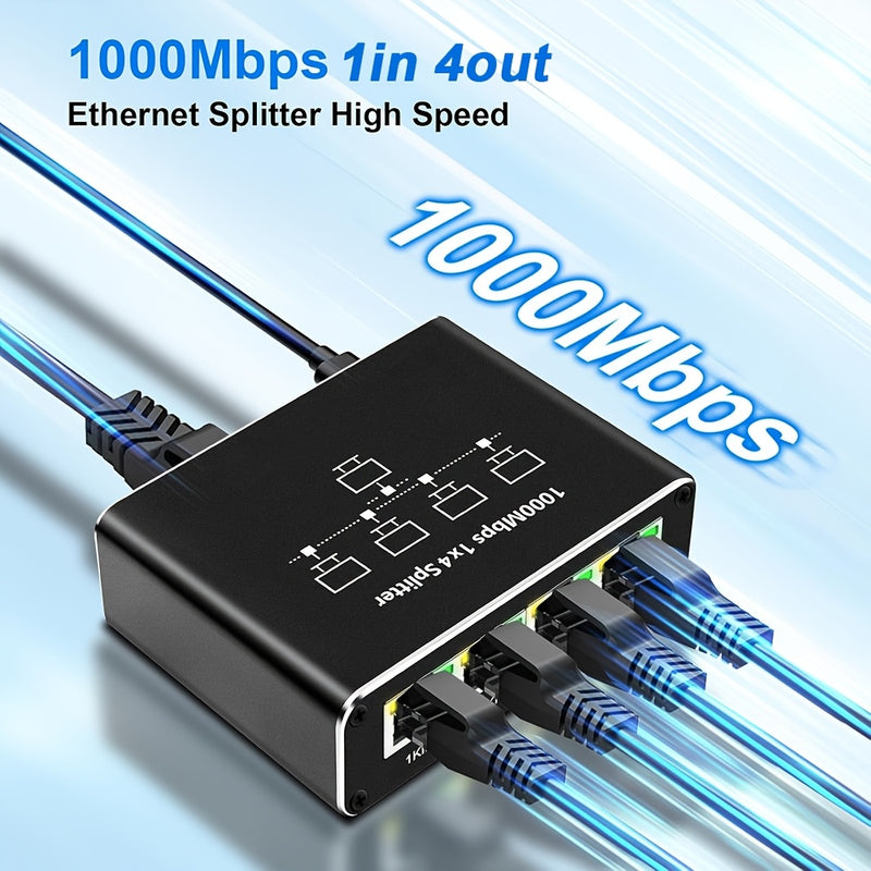 Divisor/switch de Ethernet Gigabit RJ45 de 1 puerto a 2 salidas y 1 puerto a 4 salidas - Switch de red alimentado por USB-C de 1000 Mbps con indicadores LED, Auto-MDIX, compatible con cables categoría 5e/6/7/8 para hogar, escuela, oficina, compartir inte