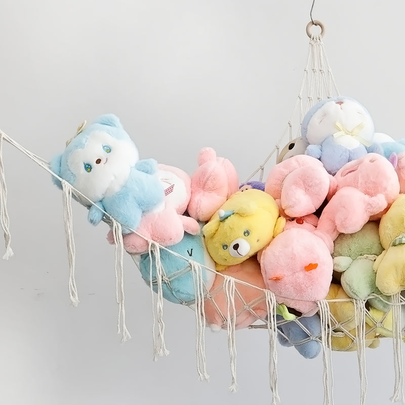 Hamaca colgante de almacenamiento tejida a mano con cuerda de peluche para juguetes de pedestal