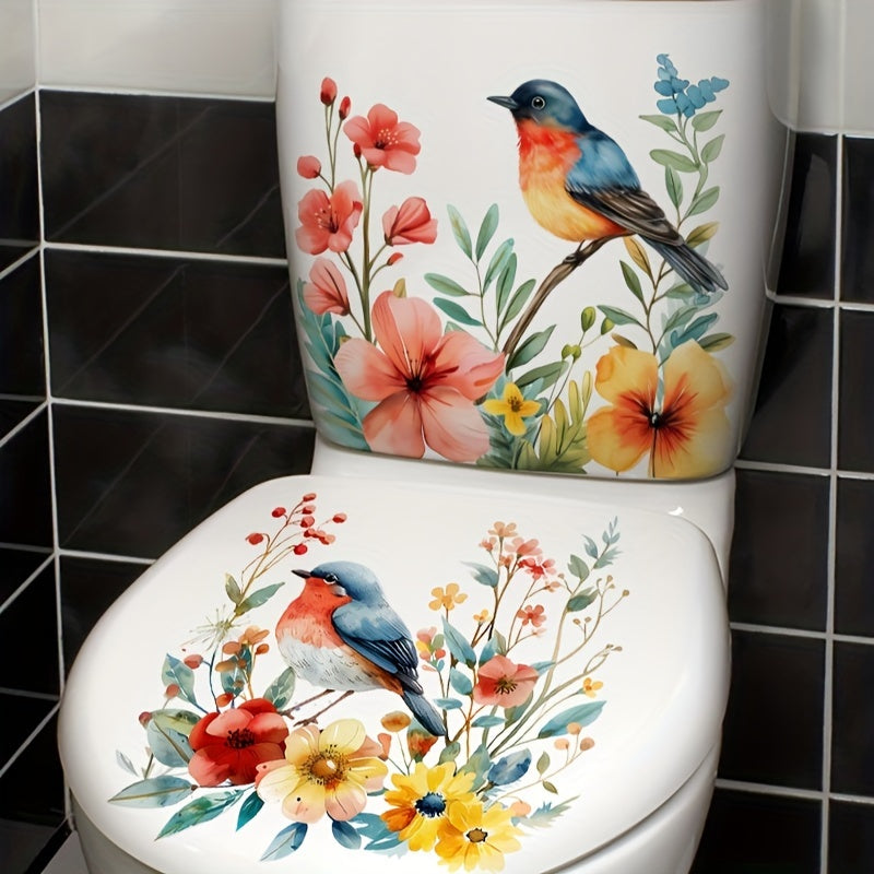 2 hermosas pegatinas de flores y pájaros para baño, adhesivos impermeables para pared de inodoro, fáciles de instalar