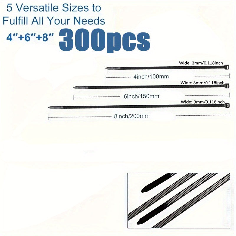 300 piezas de cordones de nylon negro - Ajustables, autoensamblables, impermeables y antideslizantes - 4/5.1/6.5 pulgadas - Ideales para cables al aire libre, jardinería y empacado doméstico, cordón de jardín