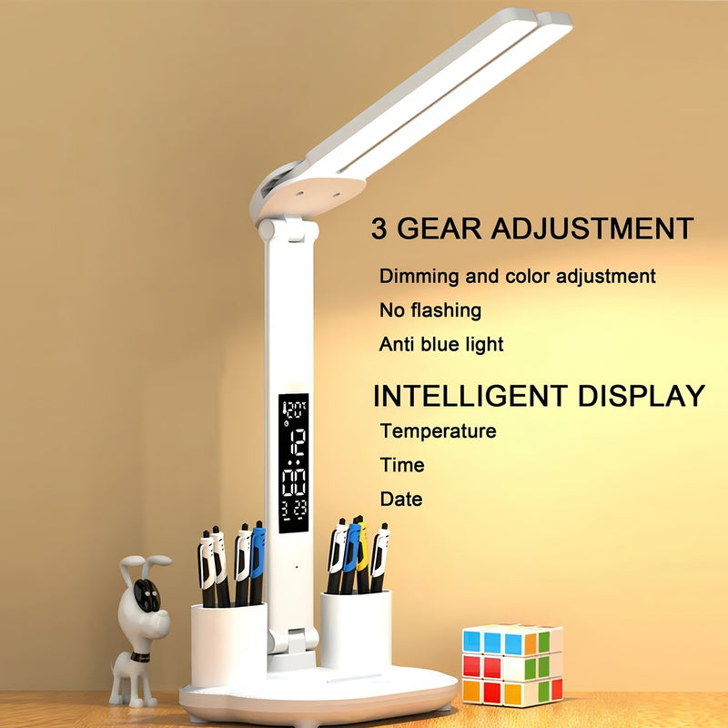 Soporte de bolígrafo de 3 en 1 con doble cabeza, lámpara USB, lámpara de escritorio, luz nocturna, luz de lectura para estudios, luz ambiental decorativa, uso con enchufe USB, control táctil de tres tonos, control de reloj con botón, adecuado para escrit