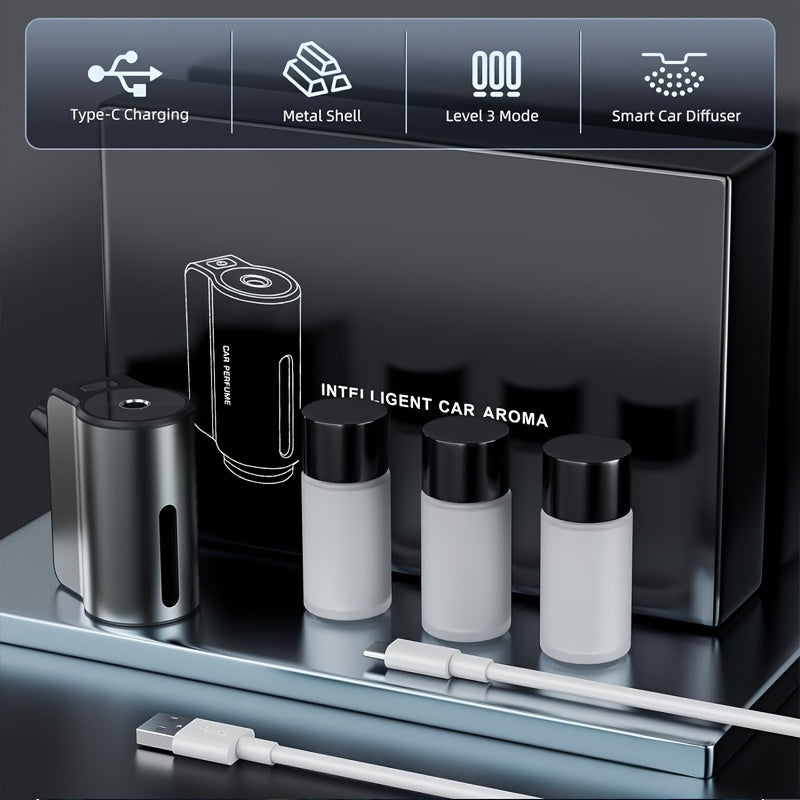 Purificador de aire para auto inteligente, difusor de aromas para auto recargable, aromaterapia para auto con 3 niveles ajustables, carga USB, incluye 3 frascos de perfume para hombre