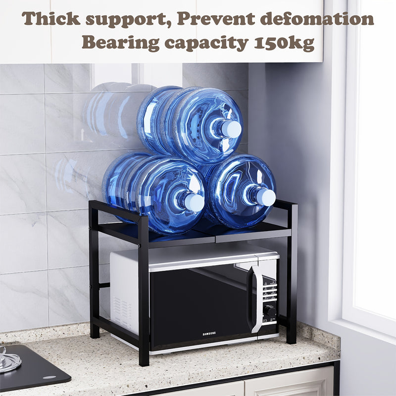 Estante expandible para microondas con 6 ganchos, repisa retráctil negra de metal con ganchos, soporte ajustable para panera y ollas, organizador de cocina para tostadora