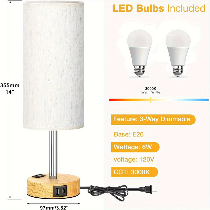 Conjunto de 1/2 Piezas de Lámpara de Noche Moderna con Control Táctil - Regulable en 3 Niveles, Puertos USB y Enchufe de CA, Base de Madera con Pantalla de Lino para Mesita de Noche, Escritorio, Oficina, Dormitorio (Bombilla LED Incluida), Lámparas de Me