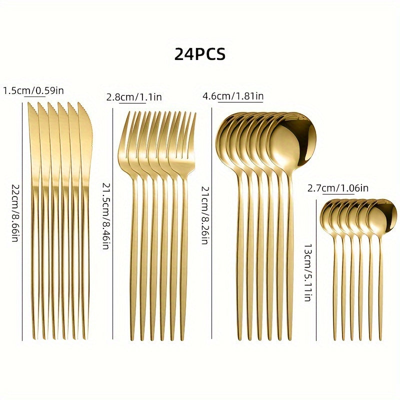 24 piezas de cubertería de acero inoxidable en dorado, con estilo elegante portugués, adecuado para 6 personas, incluye cuchillos para bistecs portugueses, tenedores, cucharas y cucharitas, juego de cubertería de acero inoxidable dorado de lujo, ideal pa