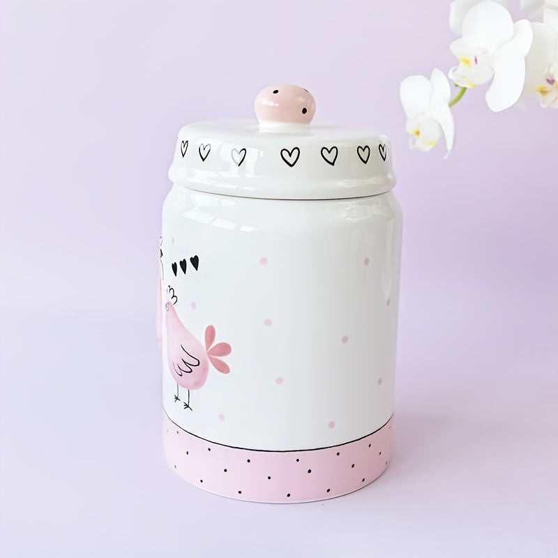 Tarro de Almacenamiento Elegante de Cerámica Rosa y Blanca con Diseño de Pollo en Relieve Bañado en Oro, Tapa con Perilla - Ideal para Galletas, Té y Objetos Pequeños | Solo Lavado a Mano