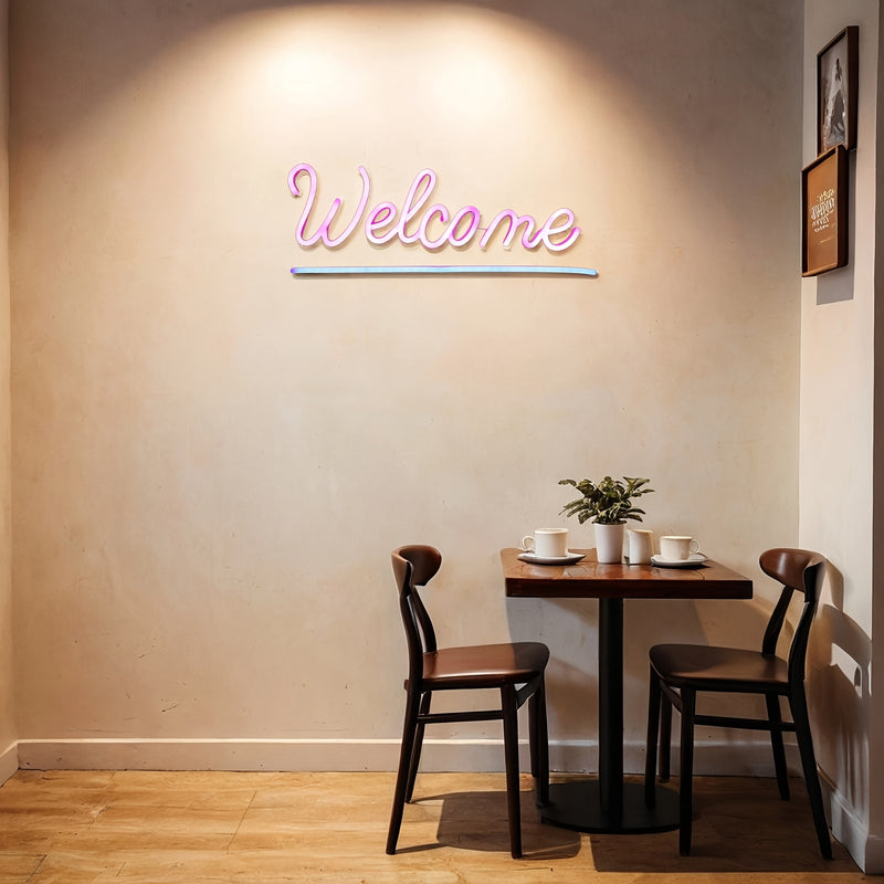 Señal de Bienvenida de Neón LED con Alimentación USB CTTNLS - Decoración de Pared Rosa Vibrante para Hogar, Negocio, Fiesta, Bar o Restaurante con Pegatinas Nano Doble Cara y Enchufe 5VUSB, Ambiente de Restaurante | Señal de Neón Moderna | Luz con Alimen