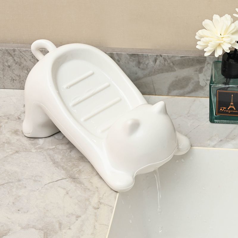 Porta jabón divertido con diseño de gato animado, color blanco y rosa brillante, con drenaje, soporte plástico decorativo para baño, ideal para guardar jabón y esponjas, accesorios para baño, diseño juguetón, acabado brillante
