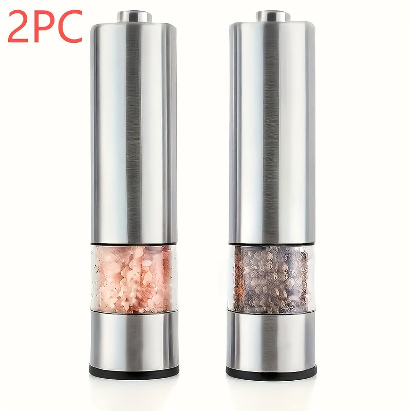 1/2 piezas de molinillos de sal y pimienta eléctricos de acero inoxidable - Funcionan con batería y luz LED - Molinillo de especias automático de una mano con ajuste de grosor - Gadget de cocina