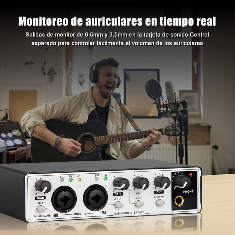 Interfaz de audio de 2 canales con tarjeta de sonido con pantalla, mezclador de estudio de grabación profesional para guitarra eléctrica, grabación in situ, 24 bits/196 kHz para grabación de música, interfaz XLR con alimentación fantasma de 48, caja de a