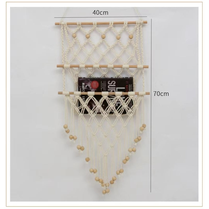 1pc Estilo Nórdico Tejido a Mano de Algodón Macramé Estantería para Pared, Longitud Ajustable, 100% Red de Cuerda de Algodón Almacenamiento para Libros, Muñecas, Decoración Europea para Dormitorio, Estudio, Patio - Sin Necesidad de Electricidad