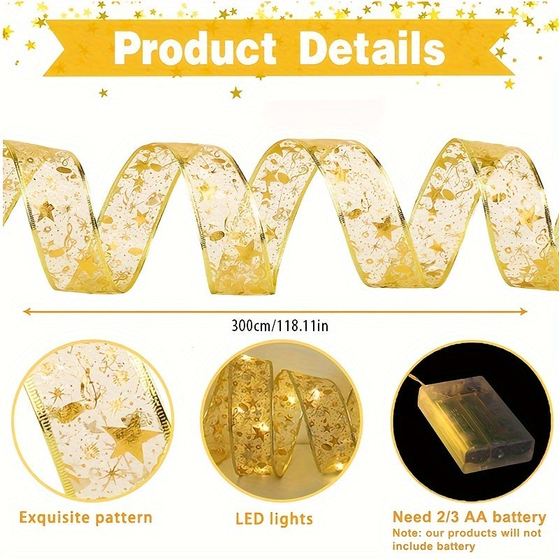 1pc Luminaria de árbol de Navidad de cinta de hada LED - Cinta de PVC operada por batería con luces LED blancas cálidas para decoraciones de fiesta, boda, festividades (No se incluyen baterías)