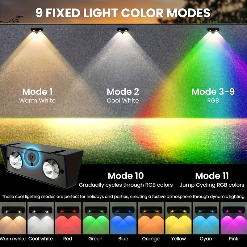 2/4/8pcs Luces Solares para Valla, RGB+Cálido Blanco+Frio Blanco Luces Solares para Valla con 11 Modos de Color, Luces Solares para Pared Exterior, Luces Solares para Terraza, Encendido/Apagado Automático de Anochecer a Amanecer Luces Solares para Jardín
