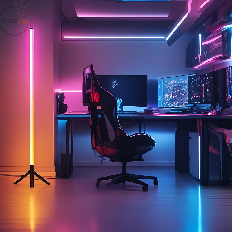 Lámpara de suelo inteligente RGB LED de esquina BINDLAN, lámpara de plástico independiente con control remoto + cable USB, inalámbrica, ideal para decoración de sala de estar, decoración de sala de estar | Decoración moderna | Lámpara alimentada por USB,