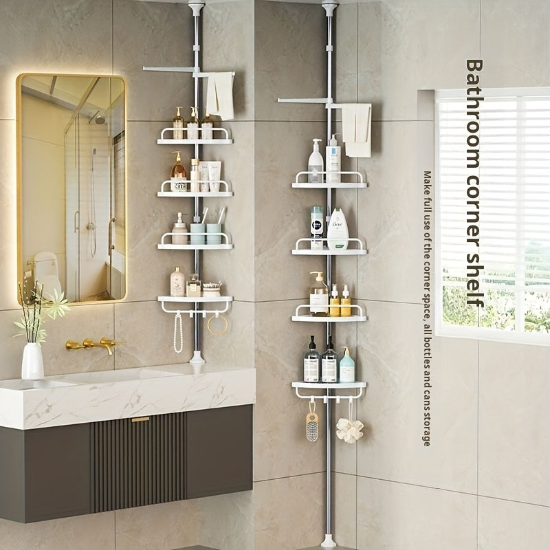 Estantería Retráctil de 4 Niveles para Esquina del Baño, Estante de Ducha con Bandeja Ajustable y Barra Giratoria para Toallas, Fácil Instalación Sin Taladrar, Organizador Montado en Pared para Accesorios y Suministros de Baño, Caddy de Ducha