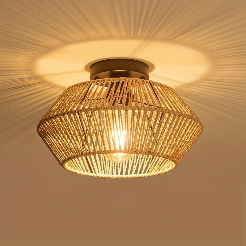 1pieza Linterna de Metal Bohemio, 12.6 pulgadas (31.6 cm), Estilo Rústico, Negro o Marrón, con Sombrilla de Cesta Tejida a Mano, Montaje Semi-Flush, para Dormitorio, Pasillo, Comedor, Entrada Sala de Estar